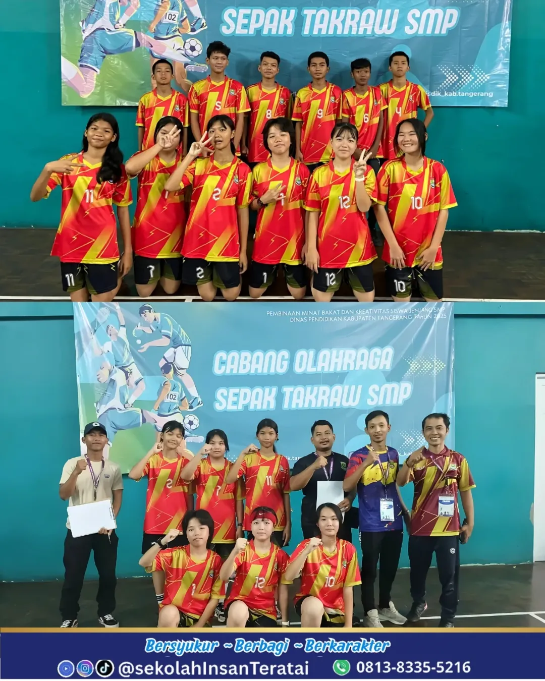Juara 1 Cabang Olahraga Sepak Takraw pada kegiatan Pembinaan Minat, Bakat, dan Kreativitas Siswa Jenjang SMP se-Kecamatan Pasar Kemis, Kabupaten Tangerang.